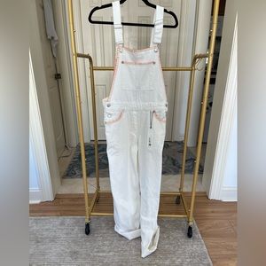 NWT- Zara white denim overalls. Orange embroidered detailing.